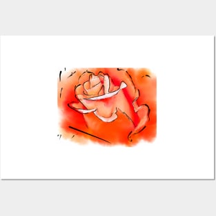 Orange Rose Bud In Abstract Watercolor Posters and Art